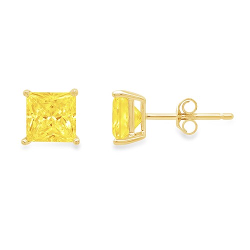 4.0ct Princess Canary Yellow Simulated Diamond Stud Earrings Solid 14k Yellow Gold shops Push Back Anniversary Birthday Bridal Gift