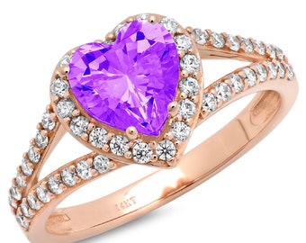 1.75 Heart Halo split shank Purple Natural Amethyst VVS1 Classic Promise Wedding Engagement Classic Designer Ring Solid 14k Rose Gold