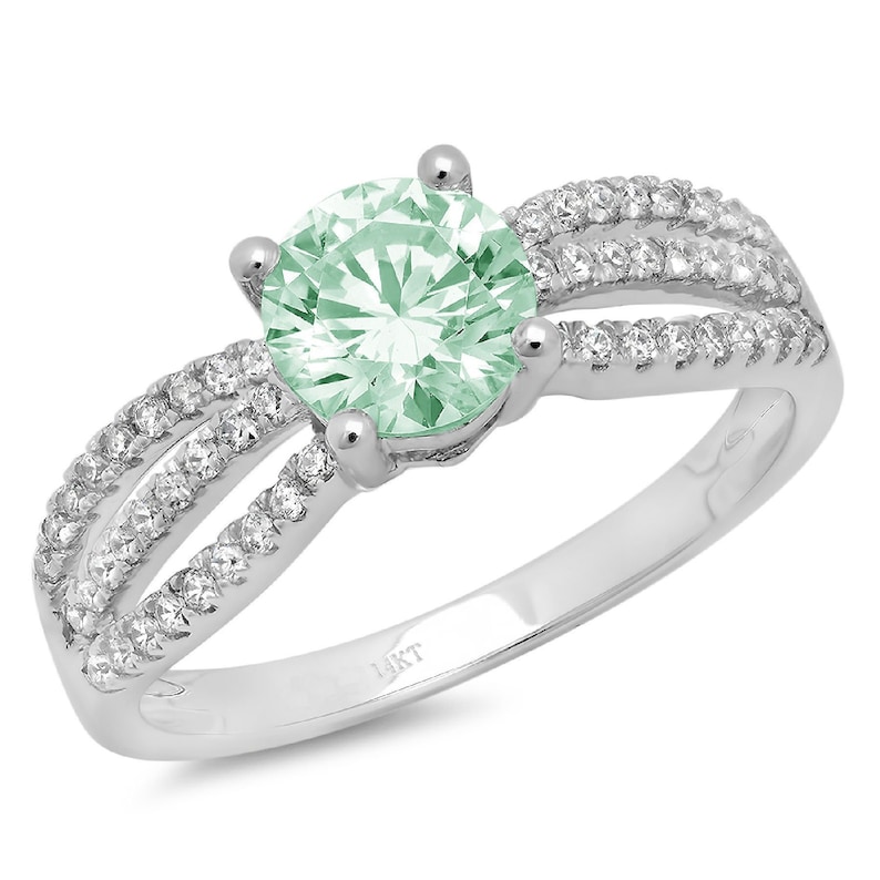 1.25 ct Brilliant Round Cut Designer Genuine Flawless Green Simulated Diamond 14K 18K White Gold Solitaire with Accents Ring