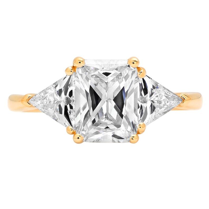 Women Engagement Promise, Women Promise, Women Engagement, 3 Ct Designer 3 Stone Emerald Trillion Cut Wedding Band Ring Real 14k Yellow Gold image 3