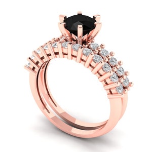 1.66 ct Brilliant Round Cut Natural Onyx Stone Rose Gold Solitaire with Accents Bridal Set