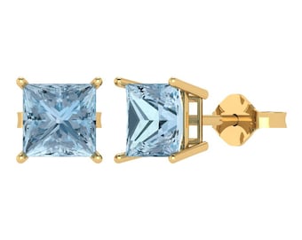 3 ct Brilliant Princess Cut Solitaire Studs Designer Genuine Flawless Natural Aquamarine Stone 14K 18K Yellow Gold Earrings Push Back