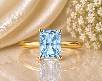 14K Solid Gold Engagement Ring for Women - Solitaire  2.5 cttw Radiant Cut Aquamarine