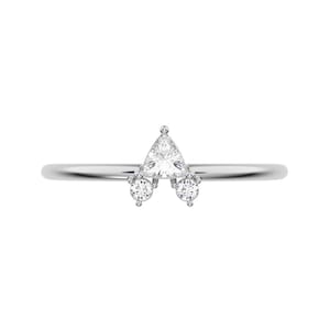 0.15 ct Trillion Cut Simulated Clear Diamond dainty Minimalist vertical cluster 3 stone light 14K / 18K Solid White Gold everyday ring