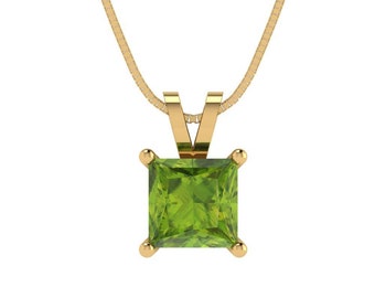 3.0 ct Brilliant Princess Cut Solitaire Designer Genuine Flawless Natural Peridot 14K 18K  Yellow Gold Pendant with 18" Chain