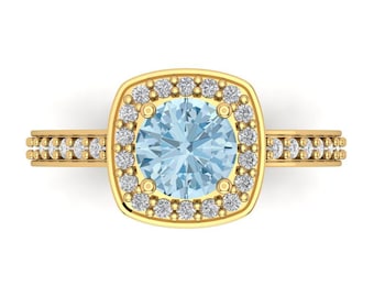 14K Solid Gold Engagement Ring for Women - Halo 1.335 cttw Round Cut Aquamarine