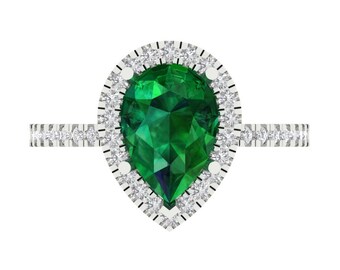 2.38 ct Brilliant Pear Cut Simulated Emerald Sterling Silver White Gold Plated Halo Solitaire with Accents Ring