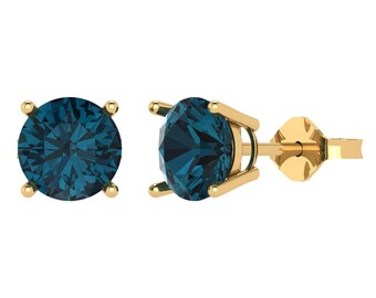 3 ct Brilliant Round Cut Solitaire Studs  Designer Genuine Flawless Natural London Blue Topaz 14K 18K Yellow Gold Earrings Push Back