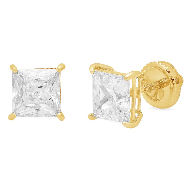 3 ct Brilliant Princess Cut Solitaire Studs Designer Genuine Flawless Clear Simulated Diamond 14K 18K Yellow Gold Earrings Screw back