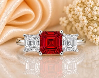 14K Solid Gold Engagement Ring for Women - Three-Stone 4 cttw Square Emerald Cut Ruby