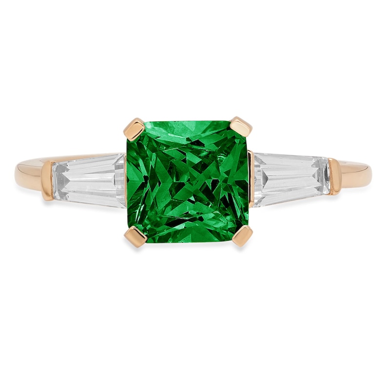1.62 Emerald 3 stone Deep Green Emerald CZ VVS1 Promise Bridal Wedding Engagement Classic Designer Ring Solid 14k Yellow Gold