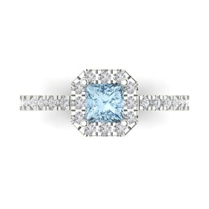1.23 ct Brilliant Princess Cut Natural Aquamarine White Gold Halo Solitaire with Accents Engagement Ring, March Birthstone