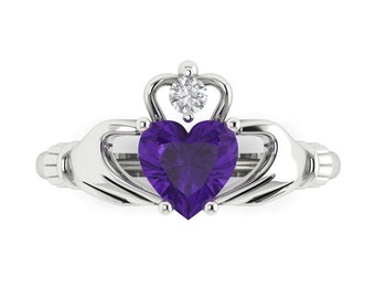 1.06 ct Brilliant Heart Cut Natural Amethyst Stone White Gold Solitaire Claddagh Ring