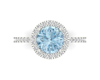 14K Solid Gold Engagement Ring for Women - Halo 1.8 cttw Round Cut Aquamarine