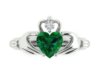 Anillo de compromiso de oro macizo de 14 quilates para mujer - Claddagh con esmeralda talla corazón de 1,05 quilates