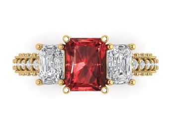 3.61 ct Brilliant Emerald Cut Natural Garnet Stone Yellow Gold Solitaire with Accents Three-Stone Ring
