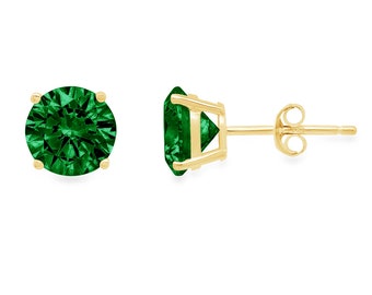 2ct Round Brilliant Cut Deep Green Emerald CZ VVS1 Stud Earrings Solid 14k Yellow Gold Push Back Anniversary Birthday Bridal Gift