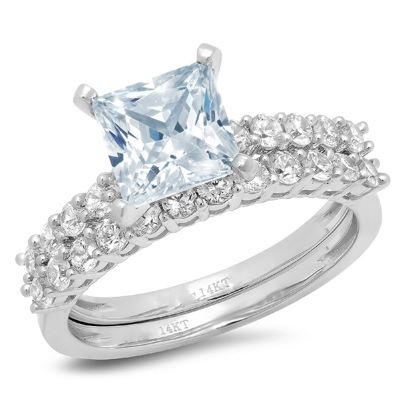 2.66ct Princess Round Cut Pave Aquamarine Blue Simulated Diamond Designer Promise Engagement Wedding Bridal Ring Band set 14k White Gold