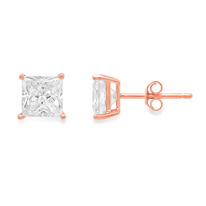 1.50ct Princess Brilliant Cut Ideal VVS1 Created White Sapphire Bridal Anniversary Stud Earrings 14k Solid Rose Gold Push Back