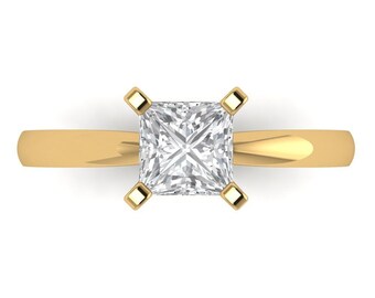 1 ct Brilliant Princess Cut Designer Genuine Flawless VVS1 White Sapphire 14K 18K Yellow Gold Solitaire Ring