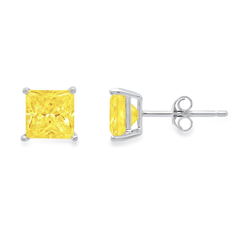 3 ct Brilliant Princess Cut Solitaire Studs Designer Genuine Flawless VVS1 Yellow Simulated Diamond 14K 18K White Gold Earrings Push Back