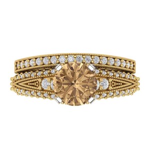 Bridal Set with Round Cut Simulated Champagne Diamond Engagement Ring and Zirconia Wedding Band, 2.095 tcw in 14K 2-Tone Gold, Anniversary