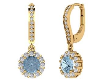 5.54 ct Brilliant Round Cut Genuine Halo Drop Dangle Natural Swiss Blue Topaz Gemstone Real Solid 18K 14K  Yellow Gold Earrings Lever Back