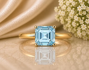 14K Solid Gold Engagement Ring for Women - Solitaire  2 cttw Asscher Cut Aquamarine
