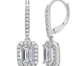 6.9 ct Brilliant Emerald Cut Halo Drop Dangle Conflict Free Natural Diamond VS1-2 Color G-H White Solid 14k or 18k Gold Earrings Lever Back