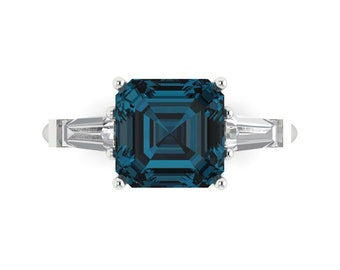 3 ct Brilliant Asscher Cut Natural London Blue Topaz Sterling Silver White Gold Plated Three-Stone Ring