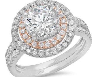 2.68 ct Brilliant Round Cut Natural Diamond Stone Clarity VS1-2 Color I-J White/Rose Gold Halo Solitaire with Accents Bridal Set