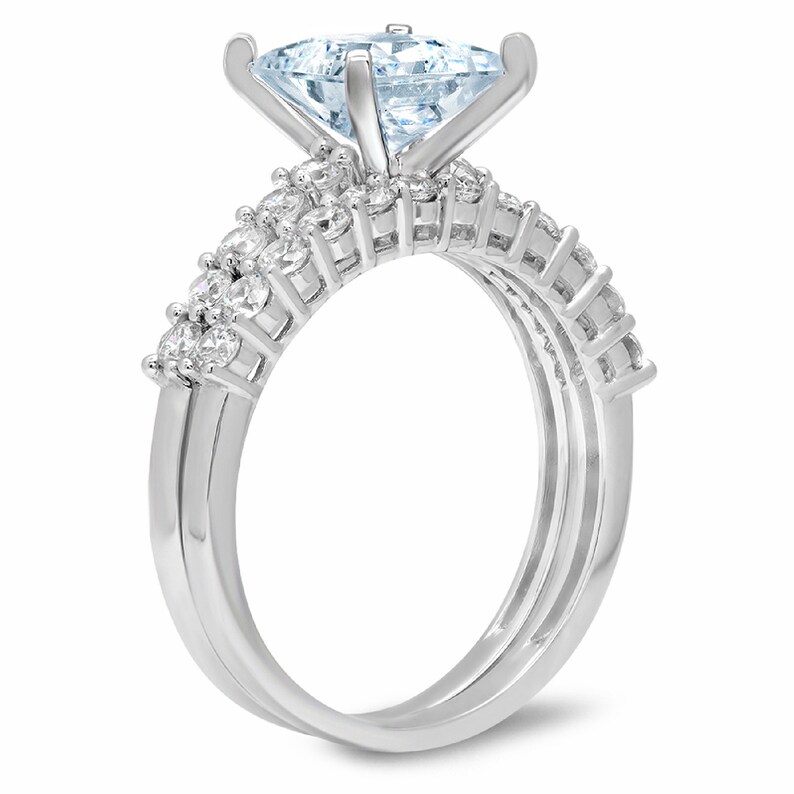 2.66ct Princess Round Cut Pave Aquamarine Blue Simulated Diamond Designer Promise Engagement Wedding Bridal Ring Band set 14k White Gold