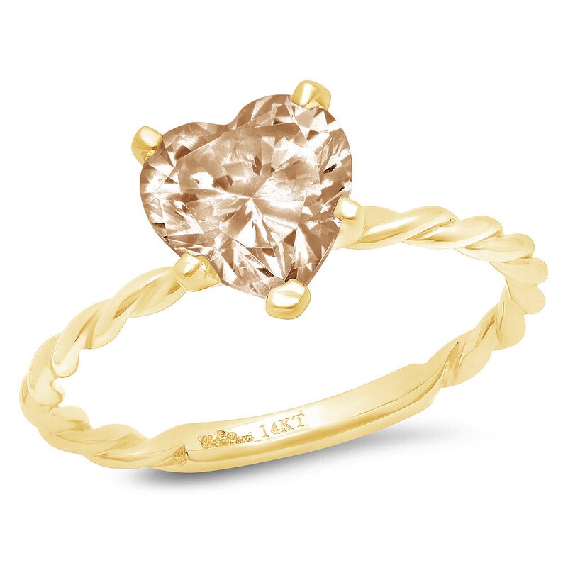 2 Heart Cut Rope Knot Brown Champagne Simulated Diamond Classic Wedding Engagement Bridal Promise Designer Ring Real Solid 14k Yellow Gold