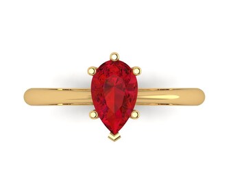 1.0 ct Brilliant Pear Cut Simulated Ruby Stone Yellow Gold Solitaire Ring