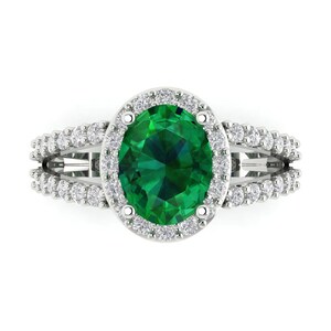 2.6 tcw Oval Cut Engagement Ring in 14K White Gold, Simulated Emerald Solitaire with Accents Anniversary Ring