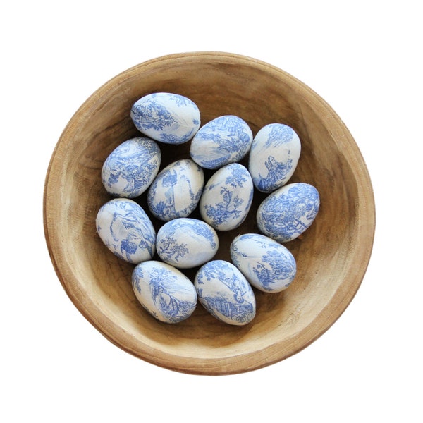 Blauwe Toile-eieren, stof Frans geïnspireerde eieren, boerderij paasdecor, lente home decor, Pasen, mandvuller