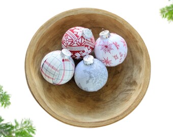 Holiday Christmas Ornaments.  Red with Grey Plaid and Snowflakes.