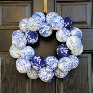 Chinoiserie Chic Wreath, Wall Hanging, Rag Ball Wreath, Blue and White, All Season Wreath