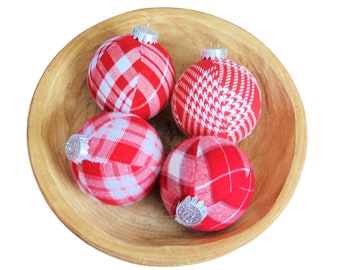 Red and White Plaid Christmas Ornaments.  Set. Rustic Christmas Decor, Cabin Holiday, Tree Decoration, Christmas Ball Buffalo Plaid Ornament