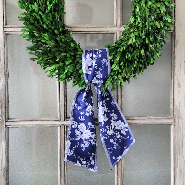 Chinoiserie Wreath Sash, Floral Wreath Scarf, Blue and White