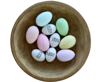 Rae Dunn Inspired Easter Eggs, White Wooden Eggs, Farmhouse Easter Decor, 10 Set, Rustic Farmhouse, Spring Home, Easter Egg, Gingham Plaid