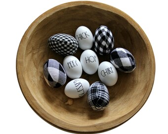 Rae Dunn Inspired Easter Eggs, White Wooden Eggs, Farmhouse Easter Decor, 10 Set, Rustic Farmhouse, Spring Home, Easter Egg, Buffalo Plaid