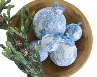 Blue Toile Christmas Ornaments: French Country Fabric Tree Decoration