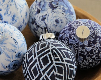 Chinoiserie Fabric Christmas Ornaments: Set of 5, Blue Holiday Decor