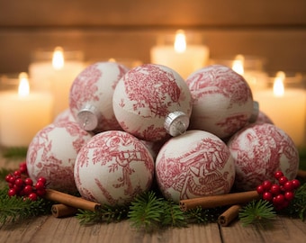 Red Toile Christmas Ornament: French Country Fabric Tree Decoration