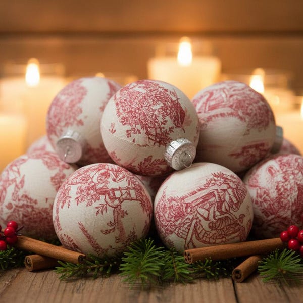 Enfeite de Natal em tecido toile vermelho: decoração de árvore em estilo campestre francês.