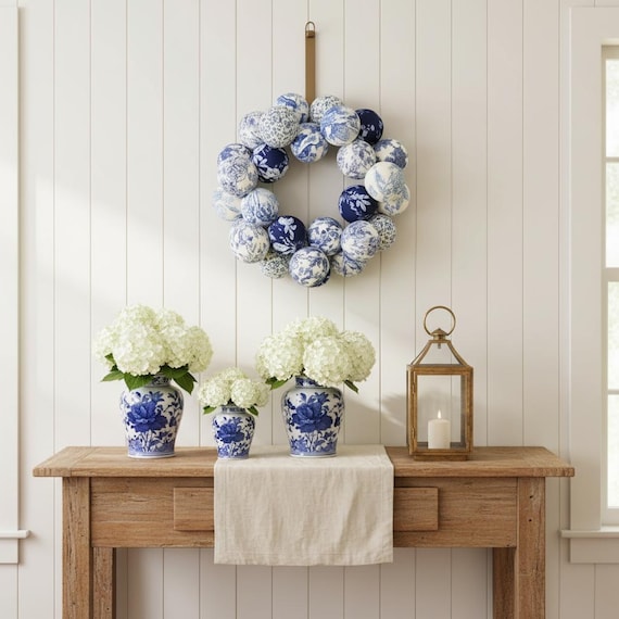 Chinoiserie Chic Rag Ball Wreath: Blue and White Fabric, All Season Decor