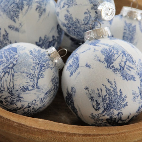 Ornamenti natalizi in toile blu, decorazioni natalizie moderne, decorazioni per alberi, palle di Natale, vacanze classiche, campagna francese