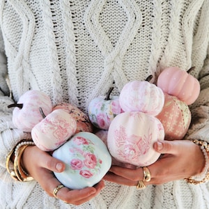 Pink Toile Stacked Pumpkin&#39;s. French Country Decorative Pumpkin&#39;s.