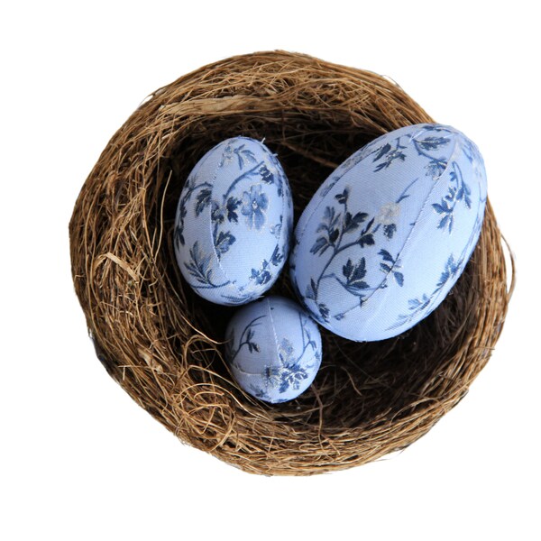 Natural Birds Nest w Blue Floral Fabric Eggs, Chinoiserie Easter, Spring Home Decor, Easter, Basket Filler